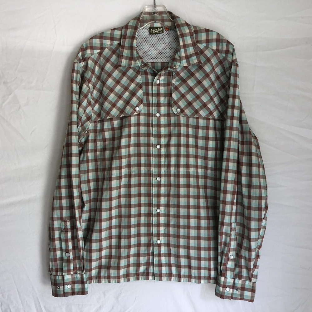 Howler Bros Shirt Mens Medium Brown Aqua Plaid Western Snap Front Fishing